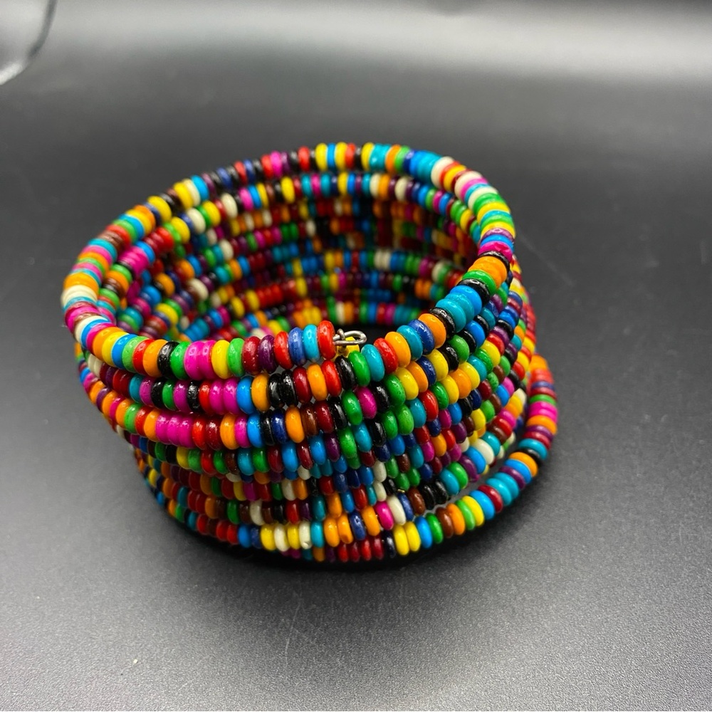 Chunky Colorful Beads Wide Artisan Made Memory Wire Bracelet - Picture 3 of 7